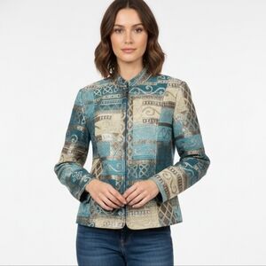 Dressbarn Jacket Blue Brown Embroidered Tapestry Patchwork Artsy Retro M